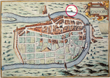 Carte de Cahors au Moyen-âge. On aperçoit le moulin en haut à droite, sur la rive extérieure du Lot.