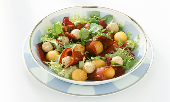 Méli-mélo de foie gras, melon et jambon de Parme